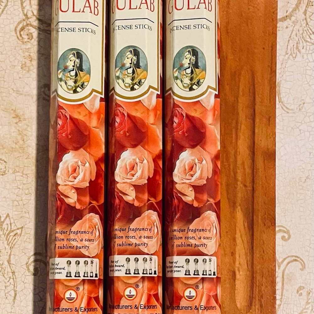 HEM Gulab Hexa  Three  Tubes x 20 Sticks = 60 Sticks plus Wooden Incense Holder